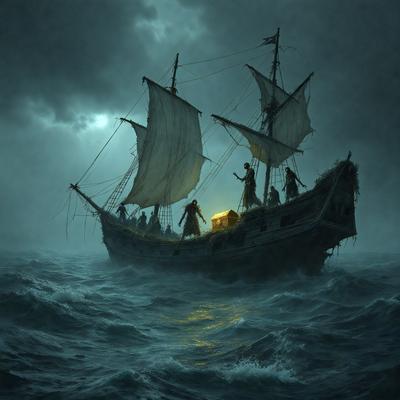 The primary subject of the image is a large sailing ship with a group of people on board. The ship is sailing through the ocean, and the people on board are engaged in various activities. The setting is the open ocean, and the visual style is a painting. The colors and mood of the painting are dark and dramatic, creating a sense of adventure and mystery.